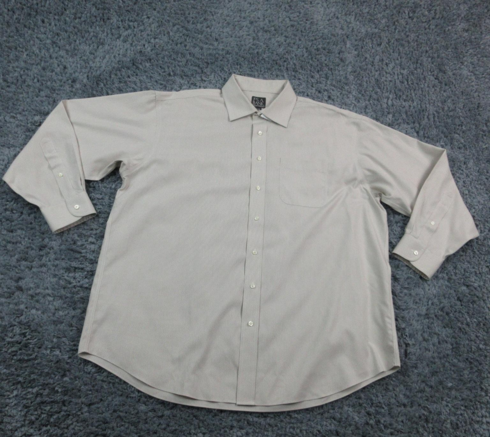 Jos A Bank Shirt Mens 17.5 34 Beige Stripe Traveler Collection Cotton Button Up